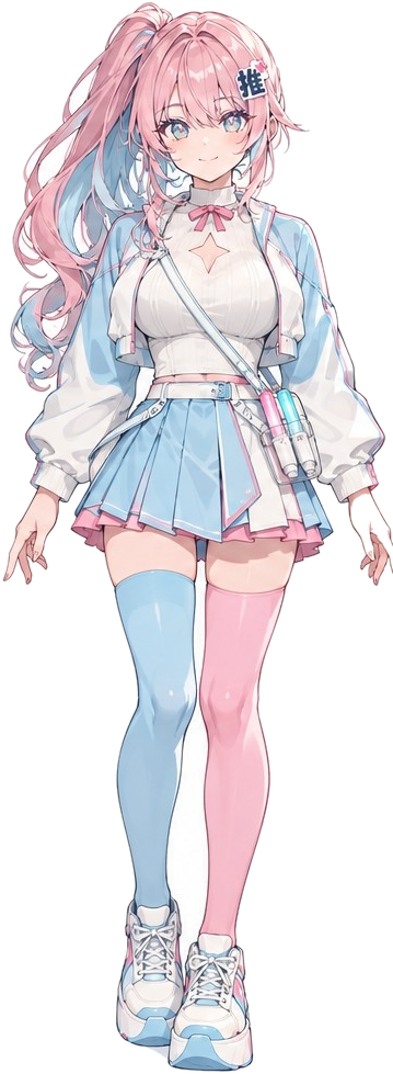 推しカレの公式キャラクター。ピンク髪に「推」のヘアクリップ、白ニットと水色のコーデ。